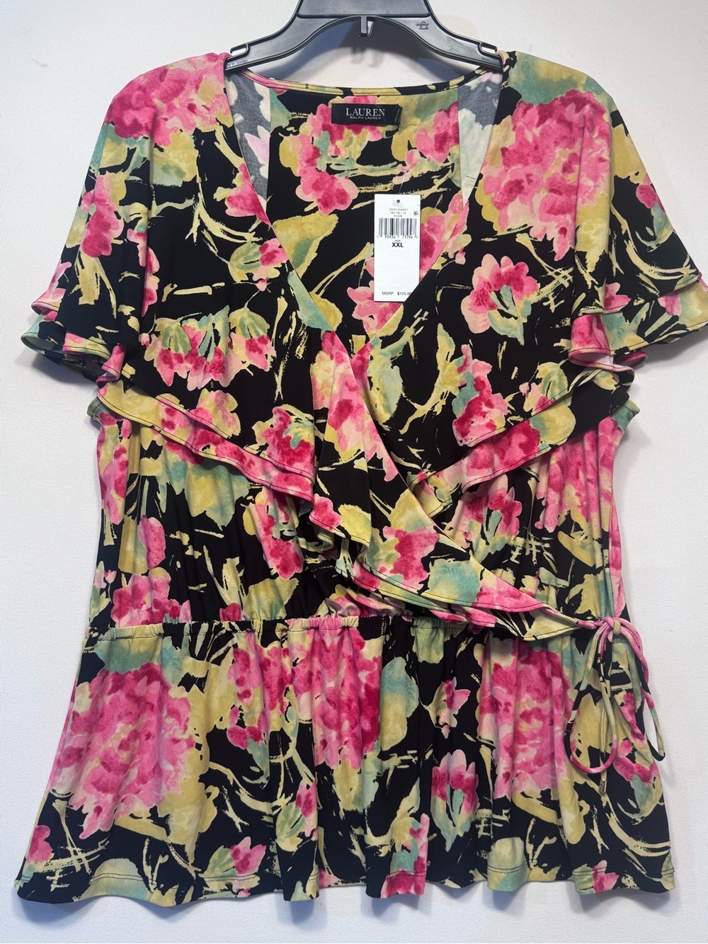 Ralph Lauren Floral Ruffle Trim Surplice Jersey Top in Black, Size XXL NWT